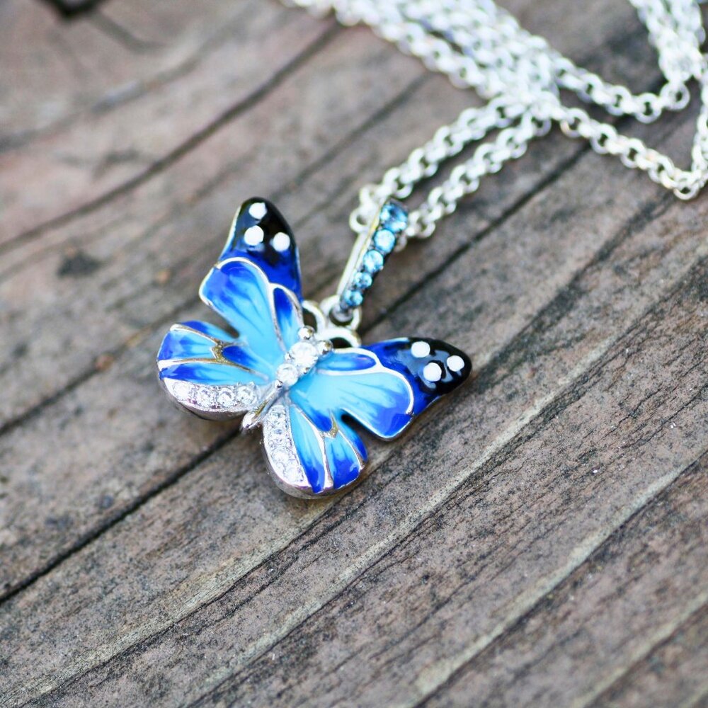 Enamel Blue Morpho Butterfly Pendant 925 Sterling Silver 18" Chain